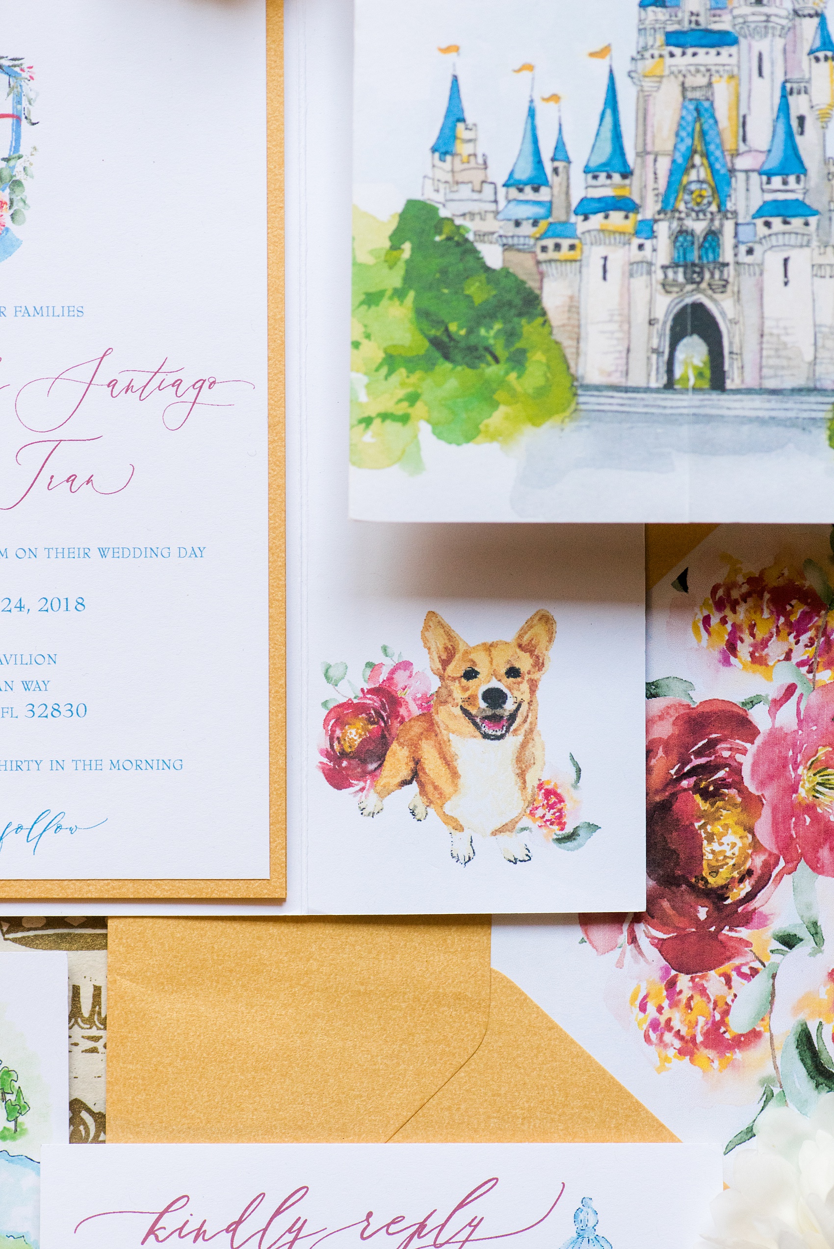 Photographs of a Walt Disney World wedding by Mikkel Paige Photography will give you ideas for a tasteful Beauty and the Beast theme. The awesome invitation had a custom watercolor by Watercolor Design Studio of the couple’s dog, Cinderella’s castle, and the Seven Seas Lagoon. The bride and groom managed beautiful details for their dream ceremony and reception even on a small budget. #disneywedding #disneybride #waltdisneyworld #DisneyWorldWedding #watercolorinvitation #disneyillustration