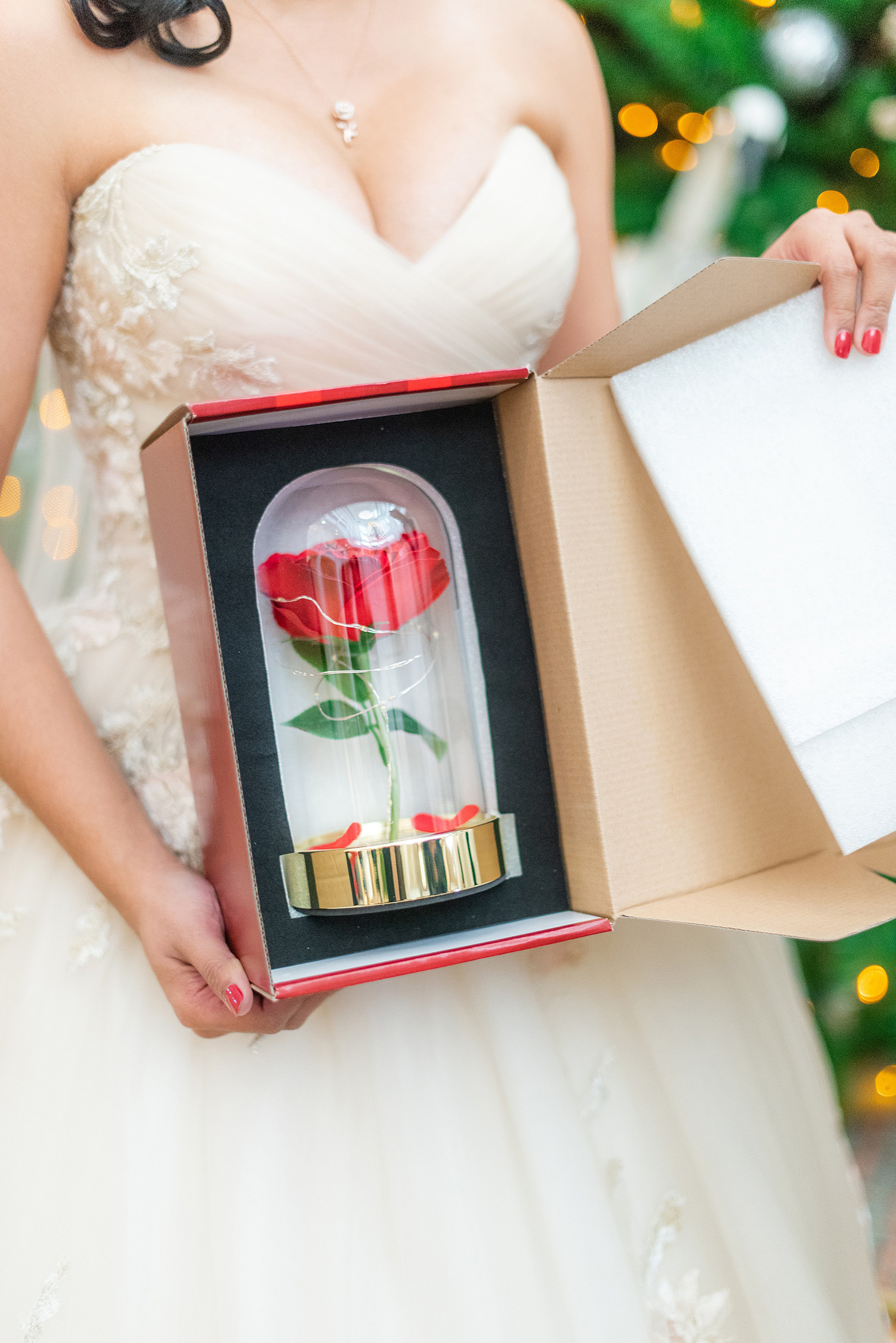 Walt Disney World photographs by Mikkel Paige Photography. The bride and groom had December pictures at the Grand Floridian Resort, Wedding Pavilion and Contemporary Hotel. The groom gifted his bride a Beauty and the Beast glass dome with a rose, befitting of a princess. #disneywedding #disneybride #waltdisneyworld #DisneyWorldWedding #giftexchange #BeautyandtheBeast