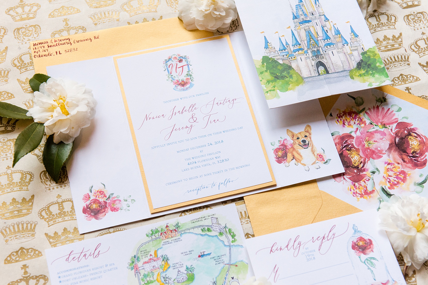 Photographs of a Walt Disney World wedding by Mikkel Paige Photography will give you ideas for a tasteful Beauty and the Beast theme. The awesome invitation had a custom watercolor by Watercolor Design Studio of the couple’s dog, Cinderella’s castle, and the Seven Seas Lagoon. The bride and groom managed beautiful details for their dream ceremony and reception even on a small budget. #disneywedding #disneybride #waltdisneyworld #DisneyWorldWedding #watercolorinvitation #disneyillustration
