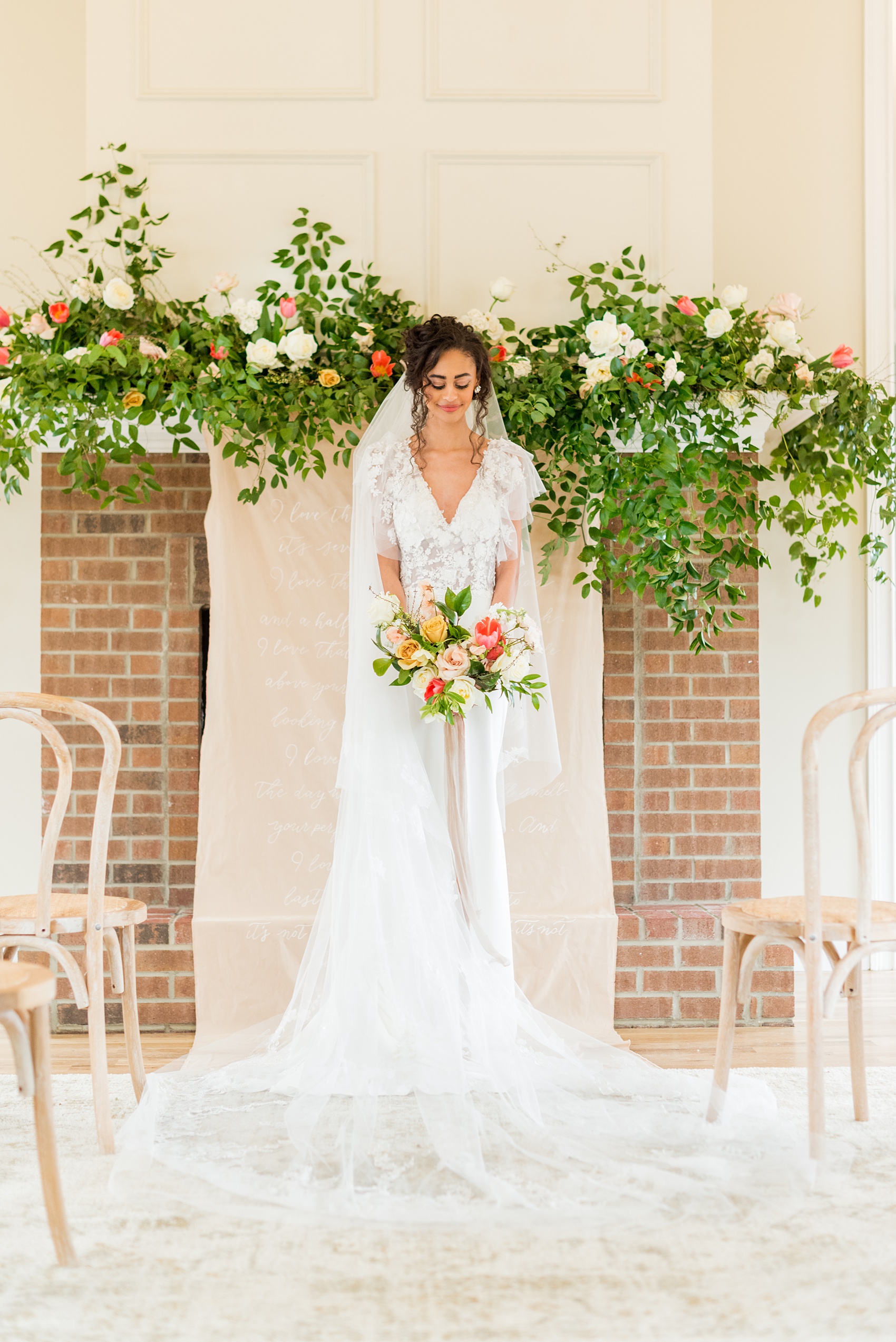 The Bradford NC Photos captured by Mikkel Paige Photography. This North Carolina Raleigh event venue has beautiful gardens and is perfect for outdoor or indoor ceremonies and receptions. Design by @vivalevent with a green, black and peach palette. Hair and makeup by Silverceiling Beauty. #mikkelpaige #brideandgroom #Raleighweddingphotographer #raleighweddingvenues