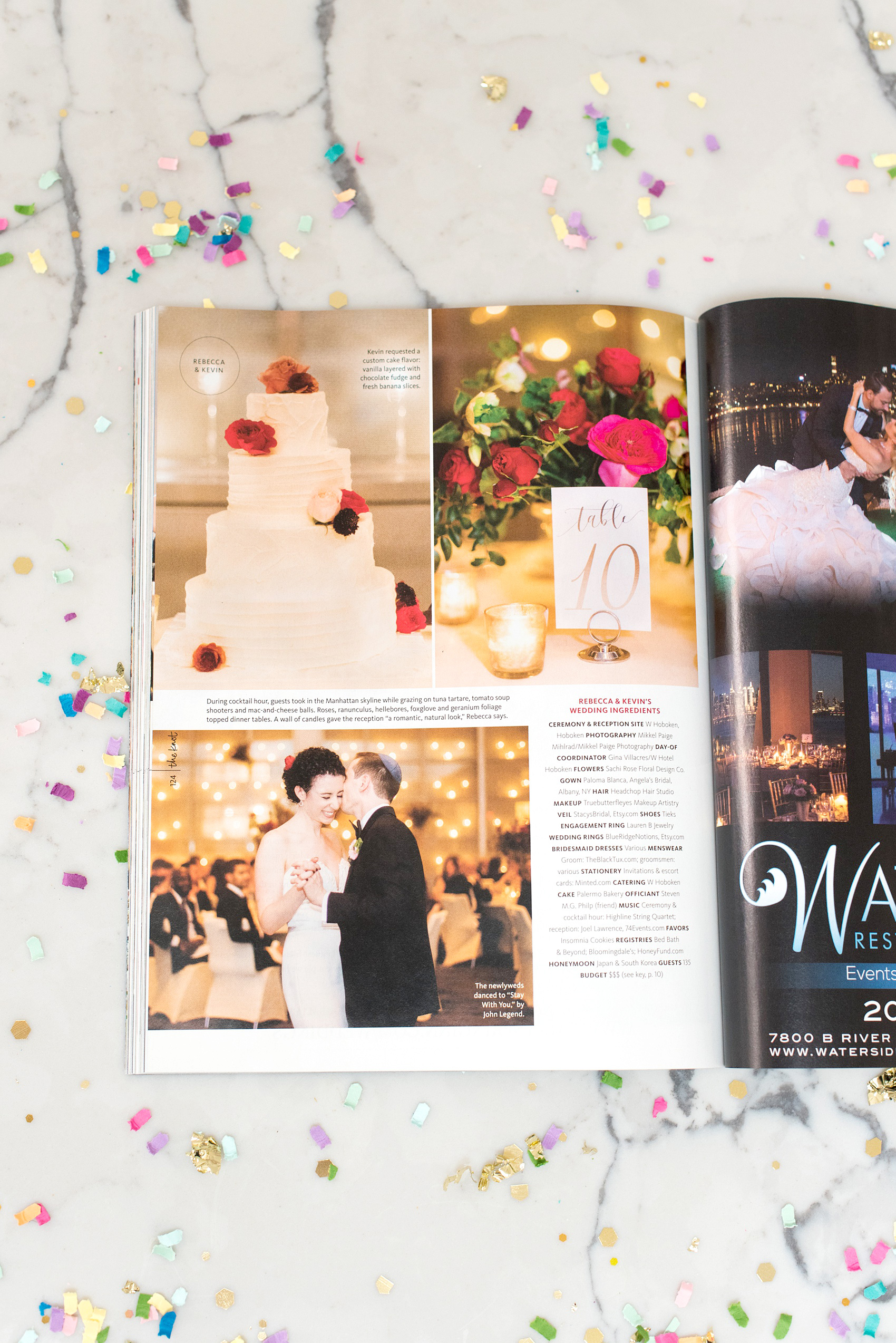 W Hoboken wedding photos by Mikkel Paige Photography featured in The Knot New Jersey winter/spring edition. Flowers by Sachi Rose Designs. #mikkelpaige #whoboken #newjerseyweddingvenues #hobokenweddingphotographer #nycweddingphotographer