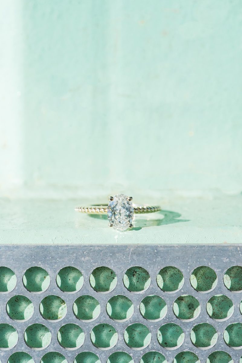 Beautiful pictures of an engagement session at the North Carolina Museum of Art, NCMA by Raleigh North Carolina wedding photographer, Mikkel Paige Photography. They brought their Golden Doodle dog for extra fun and we captured the Cherry Blossoms during a spring photoshoot. | Raleigh Engagement Photographer | #mikkelpaige #RaleighEngagementPhotographer #RaleighEngagementPhotographs #OvalEngagementRing