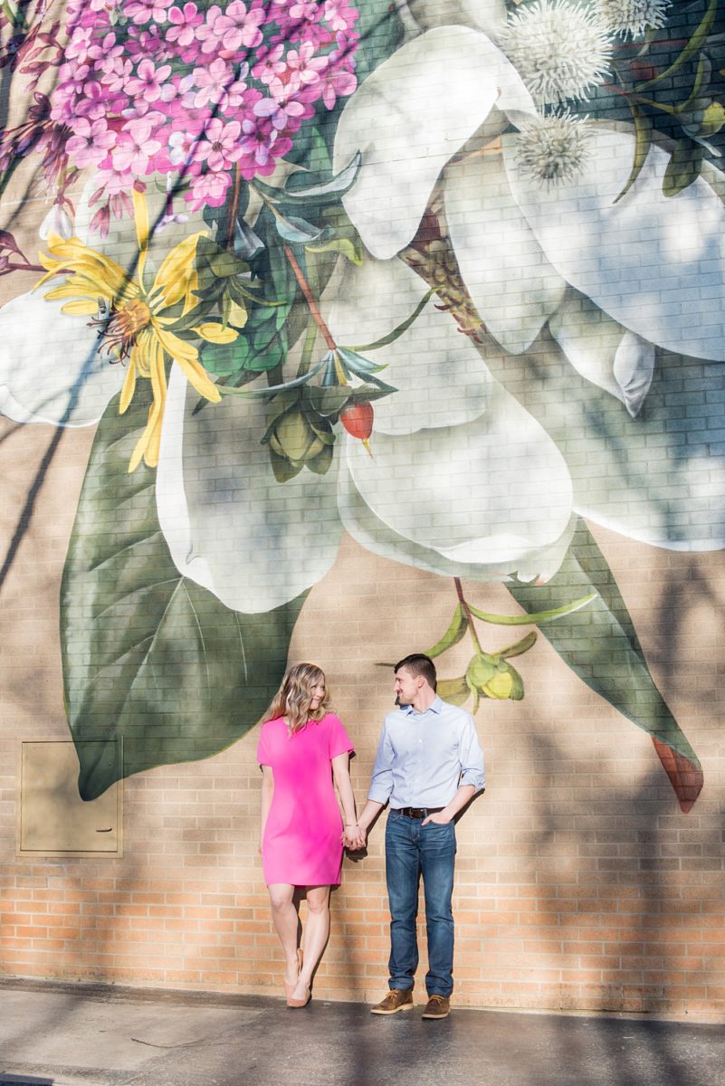 Beautiful pictures of an engagement session at the North Carolina Museum of Art, NCMA by Raleigh North Carolina wedding photographer, Mikkel Paige Photography. They brought their Golden Doodle dog for extra fun and we captured the Cherry Blossoms during a spring photoshoot. | Raleigh Engagement Photographer | #mikkelpaige #RaleighEngagementPhotographer #RaleighEngagementPhotographs