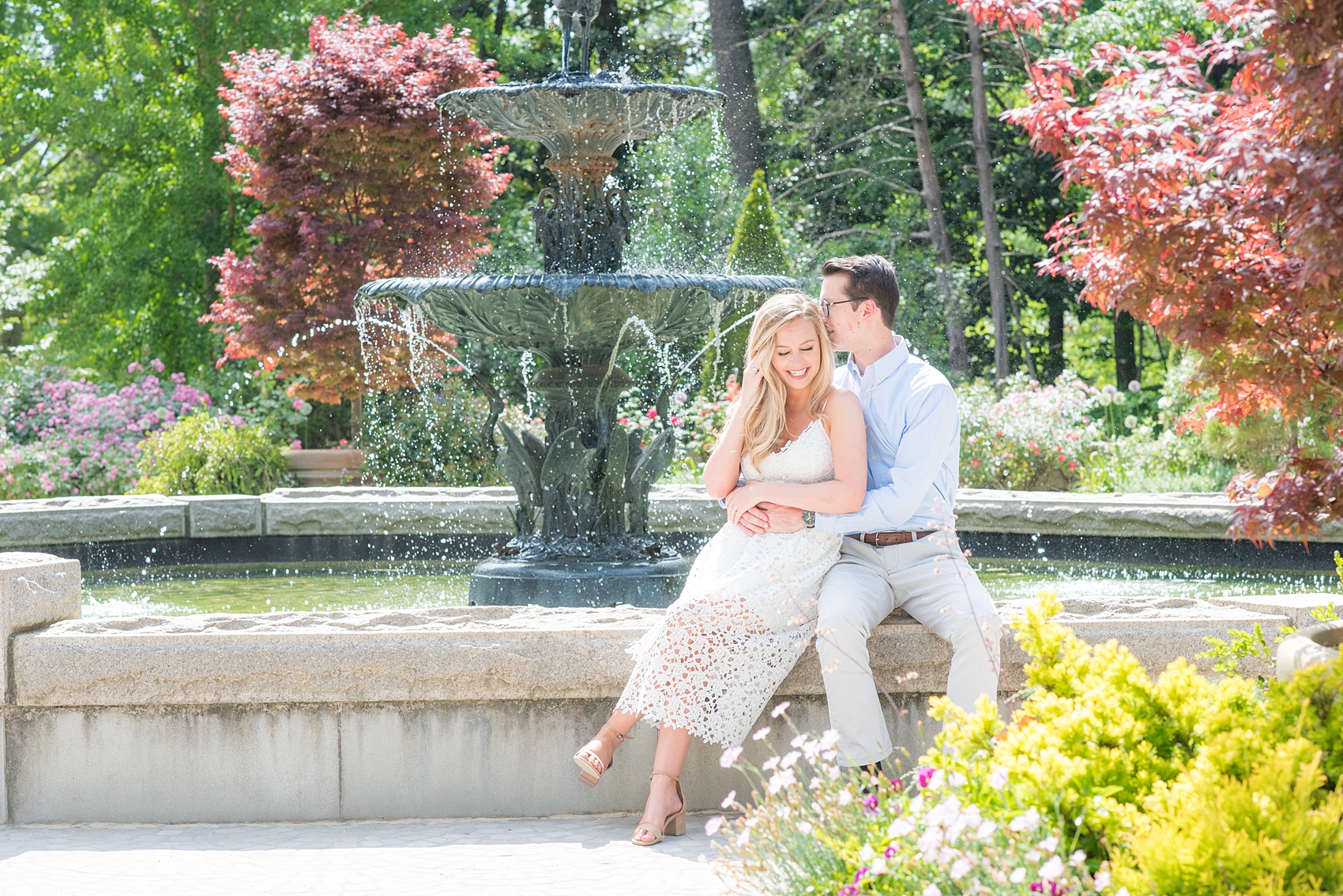 Duke Gardens engagement photos in Durham, North Carolina, by Mikkel Paige Photography. Trees with leaves in full bloom during spring reveal themselves for a May session. #DurhamPhotographer #DurhamWeddingPhotographer #SarahPDukeGardens #DukeGardens #DurhamEngagementSession