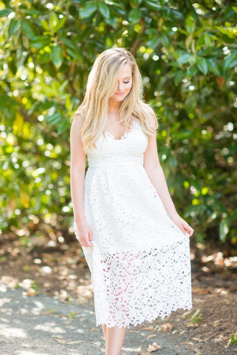 Duke Gardens engagement photos in Durham, North Carolina, by Mikkel Paige Photography. Trees with leaves in full bloom during spring reveal themselves for a May session. #DurhamPhotographer #DurhamWeddingPhotographer #SarahPDukeGardens #DukeGardens #DurhamEngagementSession #bridestyle