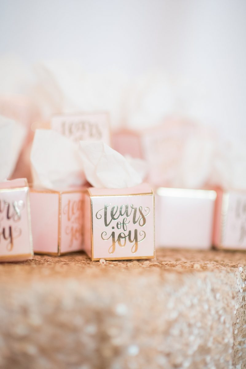 Tears of Joy mini tissues boxes for an indoor spring wedding ceremony at the event venue The Stockroom at 230 in Raleigh, North Carolina. Their photographer, Mikkel Paige Photography, captured the bride and groom’s vows in this historic building near the capital downtown. #MikkelPaige #DowntownRaleigh #RaleighWedding #RaleighVenue #TheStockroomat230 #weddingceremony #indoorweddingceremony #tissueboxes #tearsofjoy