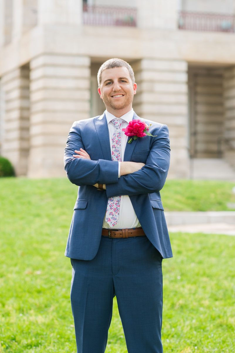 Beautiful spring wedding in downtown Raleigh, North Carolina, at the event venue The Stockroom at 230 and The Glass Box. Their photographer, Mikkel Paige Photography, captured inspiring bride and groom portraits at the capital building with a hot pink peony bouquet by The English Garden. #MikkelPaige #DowntownRaleigh #RaleighWedding #RaleighVenue #TheStockroomat230 #hayleypaige #bridestyle