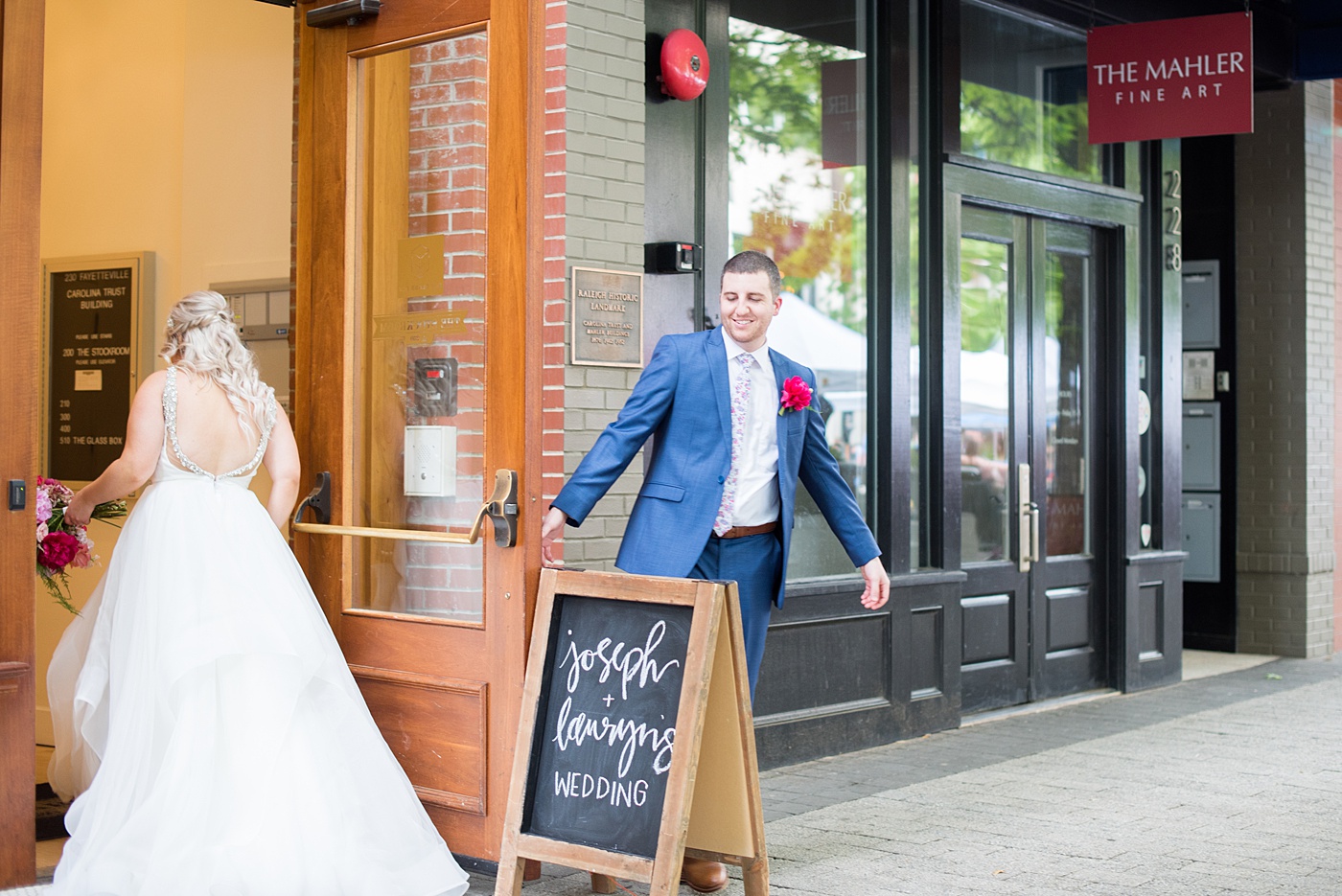 A beautiful spring wedding in downtown Raleigh, North Carolina, at the event venue The Stockroom at 230. Mikkel Paige Photography, their photographer, captured inspiring reception pictures of their hot pink and aqua blue colors. #MikkelPaige #DowntownRaleigh #RaleighWedding #RaleighVenue #TheStockroomat230 #weddingreception