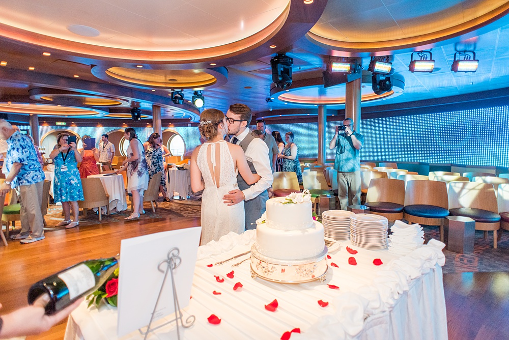 Disney Cruise Line destination wedding photos on Castaway Cay and the Disney Dream ship by Mikkel Paige Photography. This fairy tale wedding make the bride and groom's dream come true to get married in a fun location, spotlighting their love for the brand. Their reception was in the D Lounge with Fairy Tale Celebration champagne and a white fondant cake. #mikkelpaige #disneywedding #disneyfairytalewedding #disneycruiseline #disneycruiselinewedding #disneydream #cruisewedding