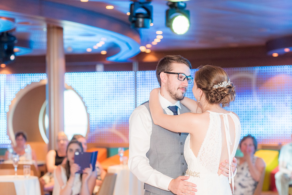 Disney Cruise Line destination wedding photos on Castaway Cay and the Disney Dream ship by Mikkel Paige Photography. This fairy tale wedding make the bride and groom's dream come true to get married in a fun location, spotlighting their love for the brand. Their reception was in the D Lounge with Fairy Tale Celebration champagne and a white fondant cake. #mikkelpaige #disneywedding #disneyfairytalewedding #disneycruiseline #disneycruiselinewedding #disneydream #cruisewedding