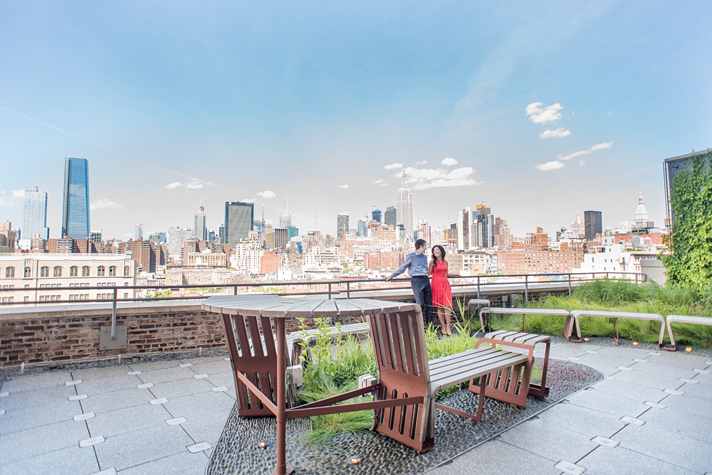 New York City pictures with a beautiful, fun couple with modern style. From a classic round diamond ring to sweet kisses with the Manhattan Skyline, Mikkel Paige Photography took them around western, lower NYC photographing their love at Google headquarters and Washington Square Park for engagement photos. #MikkelPaige #NYCengagementphotos #NewYorkCityEngagementPhotos #NYCengagementpictures