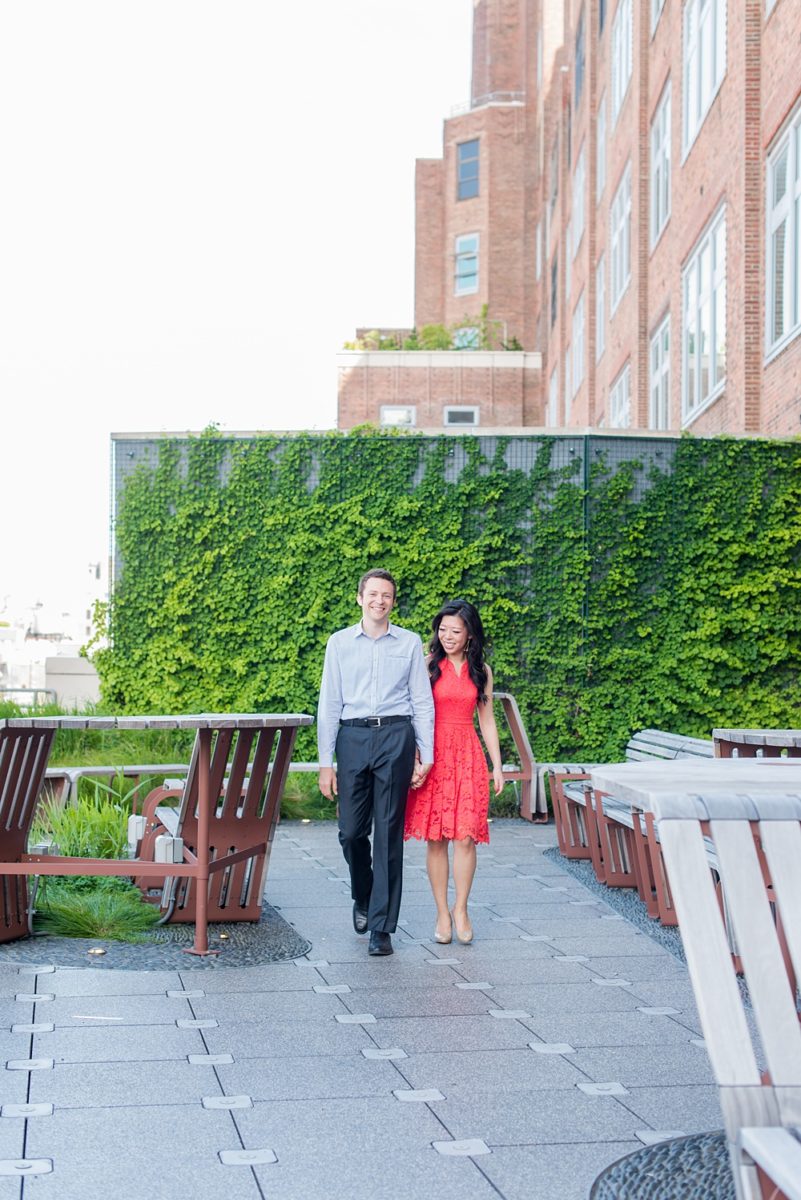 New York City pictures with a beautiful, fun couple with modern style. From a classic round diamond ring to sweet kisses with the Manhattan Skyline, Mikkel Paige Photography took them around western, lower NYC photographing their love at Google headquarters and Washington Square Park for engagement photos. #MikkelPaige #NYCengagementphotos #NewYorkCityEngagementPhotos #NYCengagementpictures