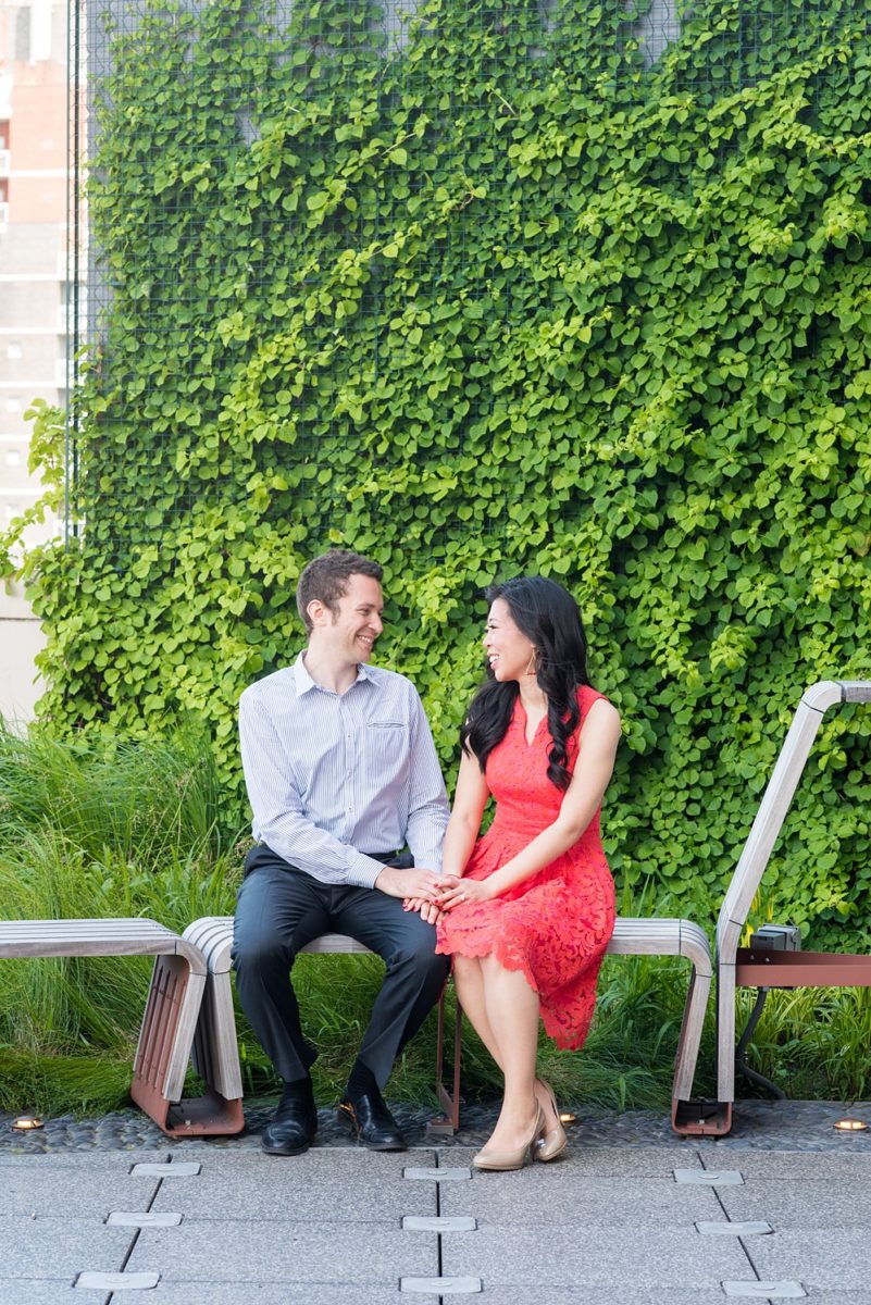 New York City pictures with a beautiful, fun couple with modern style. From a classic round diamond ring to sweet kisses with the Manhattan Skyline, Mikkel Paige Photography took them around western, lower NYC photographing their love at Google headquarters and Washington Square Park for engagement photos. #MikkelPaige #NYCengagementphotos #NewYorkCityEngagementPhotos #NYCengagementpictures