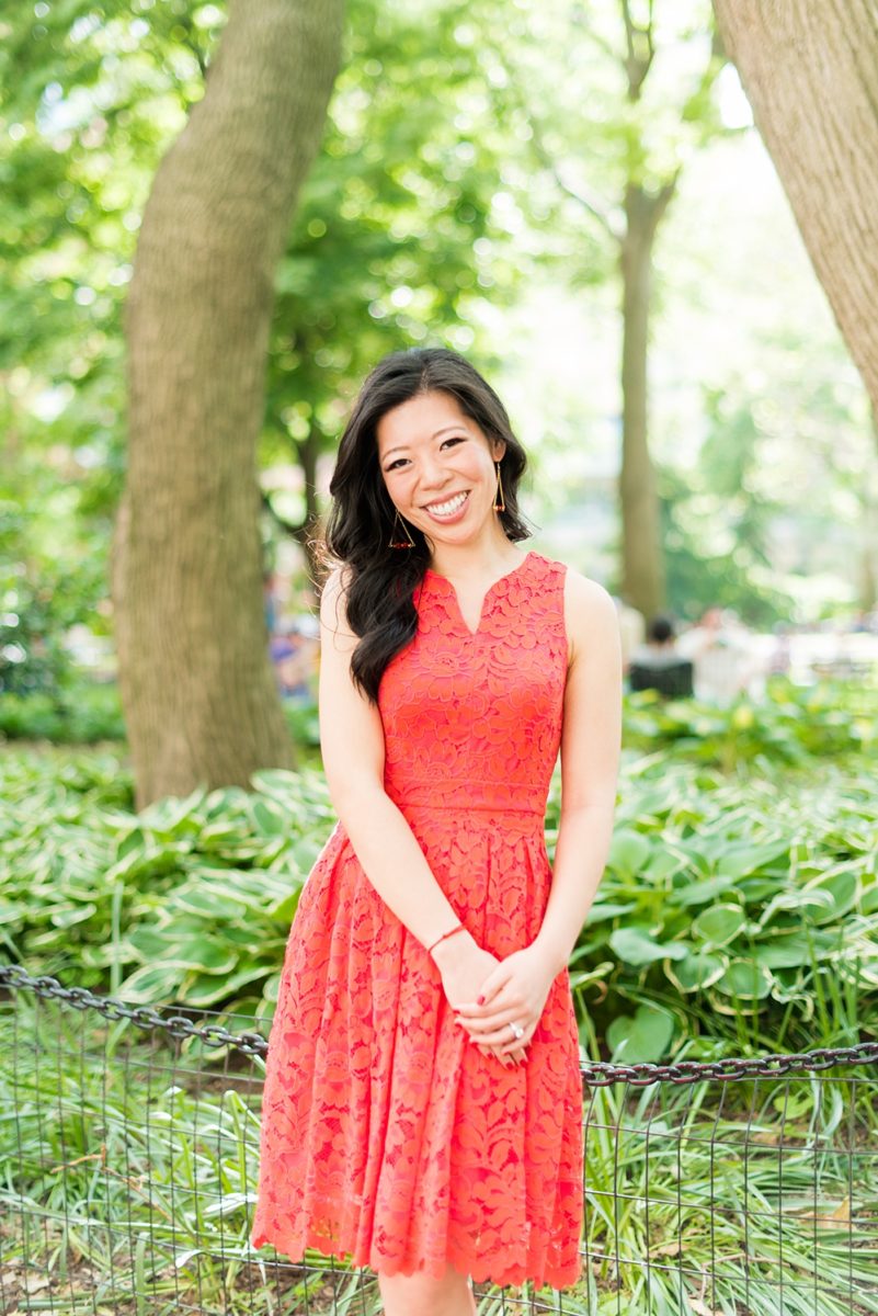 New York City pictures with a beautiful, fun couple with modern style. From a classic round diamond ring to sweet kisses with the Manhattan Skyline, Mikkel Paige Photography took them around western, lower NYC photographing their love at Google headquarters and Washington Square Park for engagement photos. #MikkelPaige #NYCengagementphotos #NewYorkCityEngagementPhotos #NYCengagementpictures