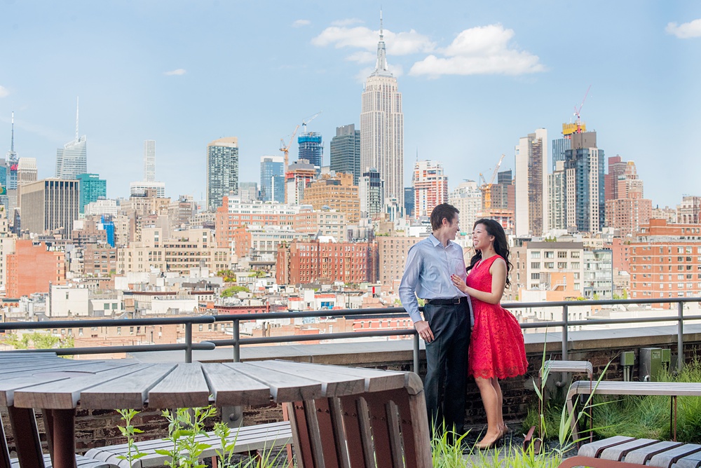 New York City pictures with a beautiful, fun couple with modern style. From a classic round diamond ring to sweet kisses with the Manhattan Skyline, Mikkel Paige Photography took them around western, lower NYC photographing their love at Google headquarters and Washington Square Park for engagement photos. #MikkelPaige #NYCengagementphotos #NewYorkCityEngagementPhotos #NYCengagementpictures