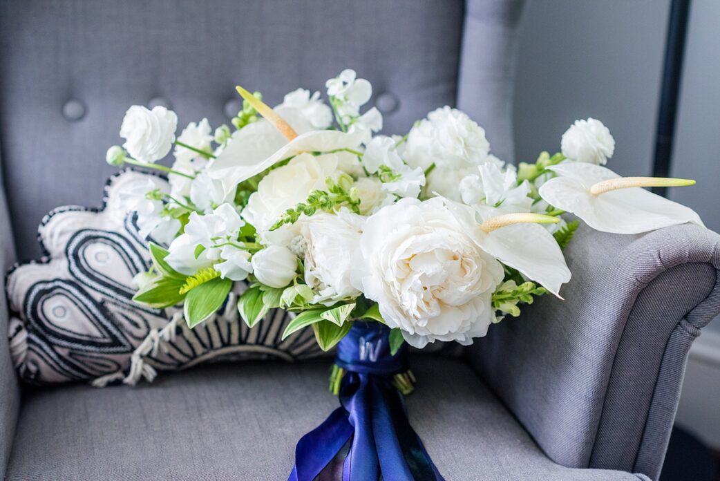 Raleigh, North Carolina Wedding Photographer, Mikkel Paige's elopement, with detail images by Mikkel Paige Photography. All white bouquet with colorful hand dyed silk ribbons by @meristemfloral.