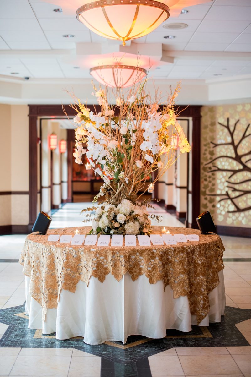 Photographs at New Jersey wedding venue, Temple Emanu-el, by Mikkel Paige Photography, with kosher catering for a golden 50th anniversary celebration. Decor with metallic and white flowers for the romantic space. Fun-loving couple providing beautiful inspiration with cute signs, table numbers and giveaways. All paper and signs by @suitepaperie. #mikkelpaige #newjerseyweddingphotographer #newjerseyweddingvenue #njweddings #njweddingphotographers