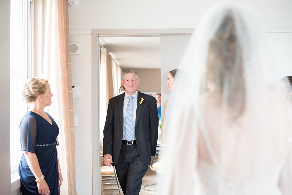 Pictures at a Durham, North Carolina wedding venue by Mikkel Paige Photography. The Rickhouse was a perfect indoor space for the bride and groom's ceremony + reception. The bride got ready at 21c Museum hotel and Mikkel Paige photographed a first look with the bride's father. #mikkelpaige #therickhouse #durhamweddingphotos #durhamwedding #northcarolinaweddingphotographer #durhamweddingphotographer #fatherofthebride #fatherofthebridefirstlook #firstlook