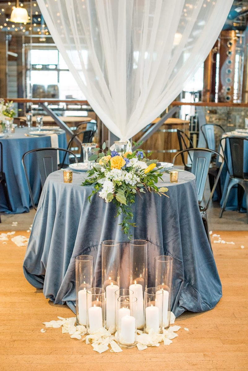 Pictures at a Durham, North Carolina wedding venue by Mikkel Paige Photography. The Rickhouse was the perfect outdoor/indoor space for the bride and groom's celebration. The couple chose fun yellow and blue colors for their summer reception and simple yet beautiful reception decor. #mikkelpaige #therickhouse #durhamweddingphotos #durhamwedding #northcarolinaweddingphotographer #durhamweddingphotographer #blueandyellow #summerwedding