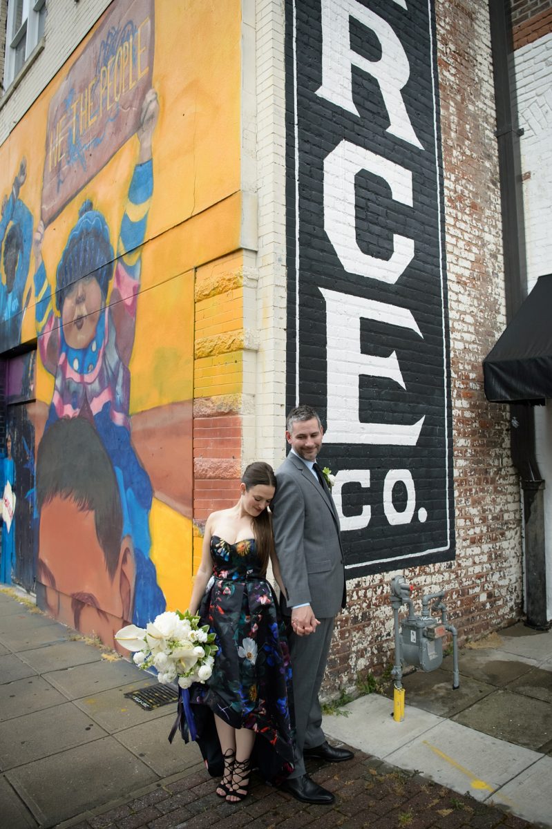 Mikkel Paige Photography's wedding photos - an elopement in downtown Raleigh, North Carolina - with a white bouquet by @meristemfloral, beauty by Wink Hair and Makeup and photos by Brian Mullins Photography.