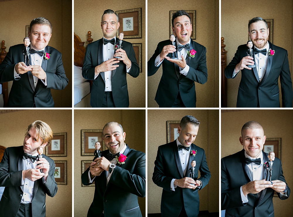 Photos of bobble heads for the groomsmen gifts the groom gave them for his East Wind wedding on Long Island. Pictures by Mikkel Paige Photography, New York wedding photographer. #mikkelpaige #groomsmen #weddinggifts #bobbleheads