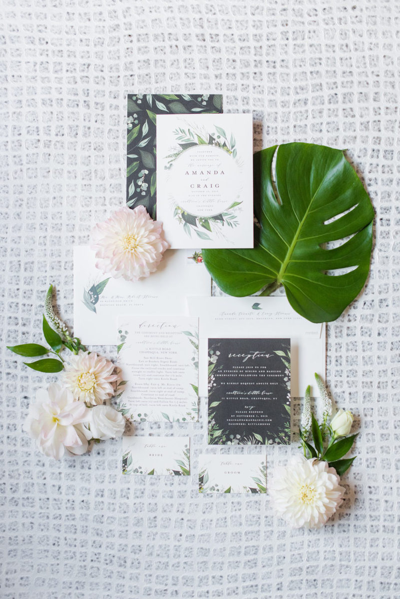 The bride and groom had affordable wedding invitations in black and green for their wedding at Crabtree's Kittle House in Chappaqua, New York. Photos by Mikkel Paige Photography. This venue in Westchester County is near the Hudson Valley and NYC. #mikkelpaige #hudsonvalleyweddings #crabtreeskittlehouse #fallwedding #westchestervenues #weddingday #detailphotos #weddingdetails #weddinginvitations