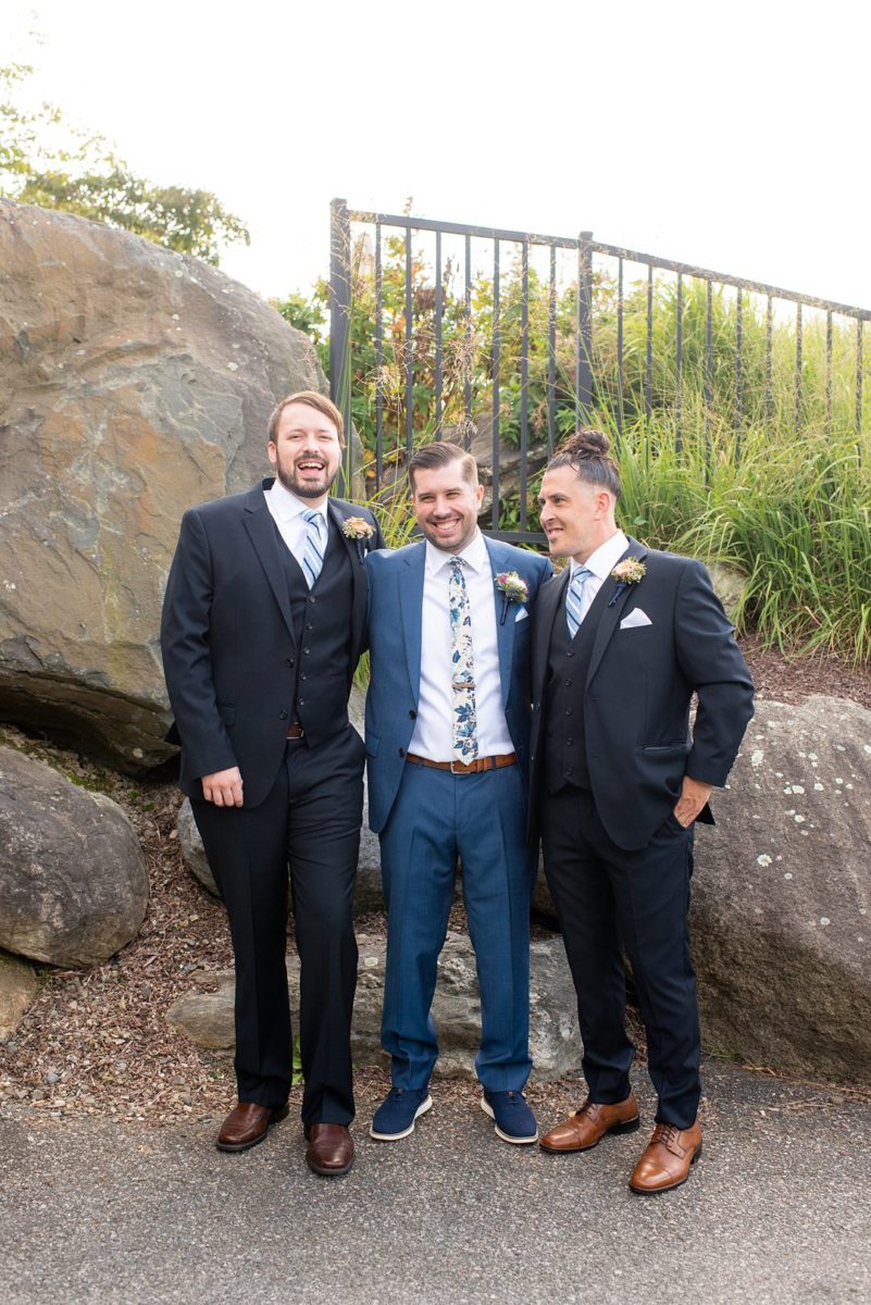 Photos at New Jersey wedding venue, Crystal Springs Resort, in Hamburg with an outdoor ceremony option and indoor reception, by Mikkel Paige Photography. The groom wore a colorful blue suit and groomsmen black suits. #mikkelpaige #CrystalSprings #NJweddingvenues #NewJerseyWedding #NJweddingphotographer #fallwedding #groomsmen #weddingparty #bridalparty #smallweddingparty #smallbridalparty