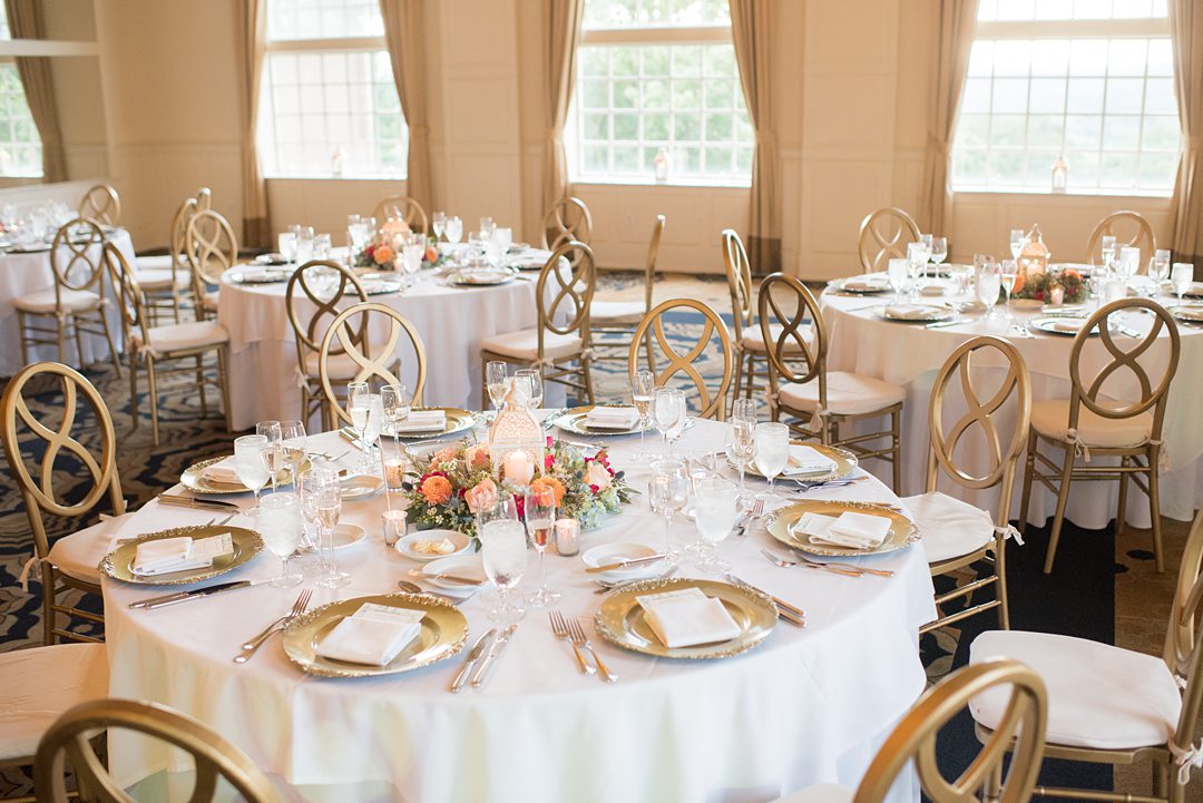 Photos at New Jersey wedding venue, Crystal Springs Resort, in Hamburg with an outdoor ceremony option and indoor reception, by Mikkel Paige Photography. The reception was filled with gold and blue detail, and table numbers to match their stationery suite. #mikkelpaige #CrystalSprings #NJweddingvenues #NewJerseyWedding #NJweddingphotographer #fallwedding #septemberwedding #weddingreception