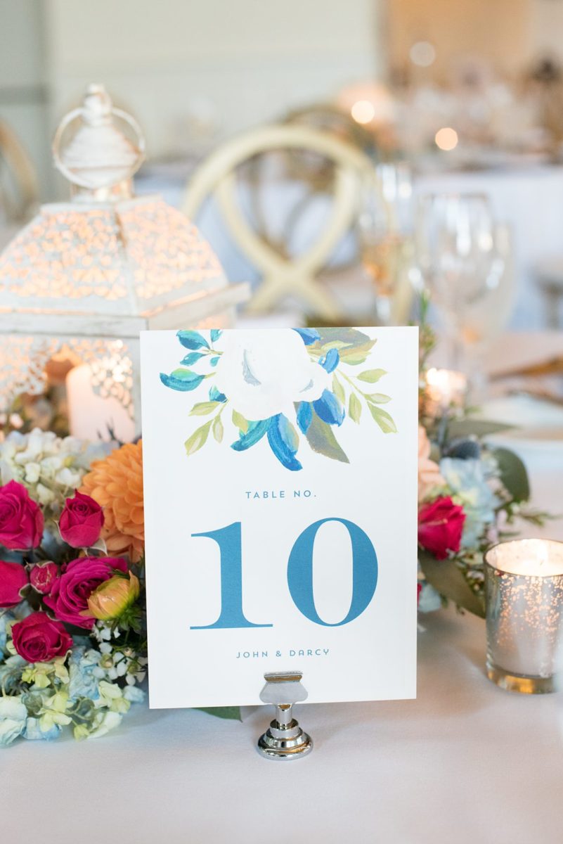 Photos at New Jersey wedding venue, Crystal Springs Resort, in Hamburg with an outdoor ceremony option and indoor reception, by Mikkel Paige Photography. The reception was filled with gold and blue detail, and table numbers to match their stationery suite. #mikkelpaige #CrystalSprings #NJweddingvenues #NewJerseyWedding #NJweddingphotographer #fallwedding #septemberwedding #weddingreception