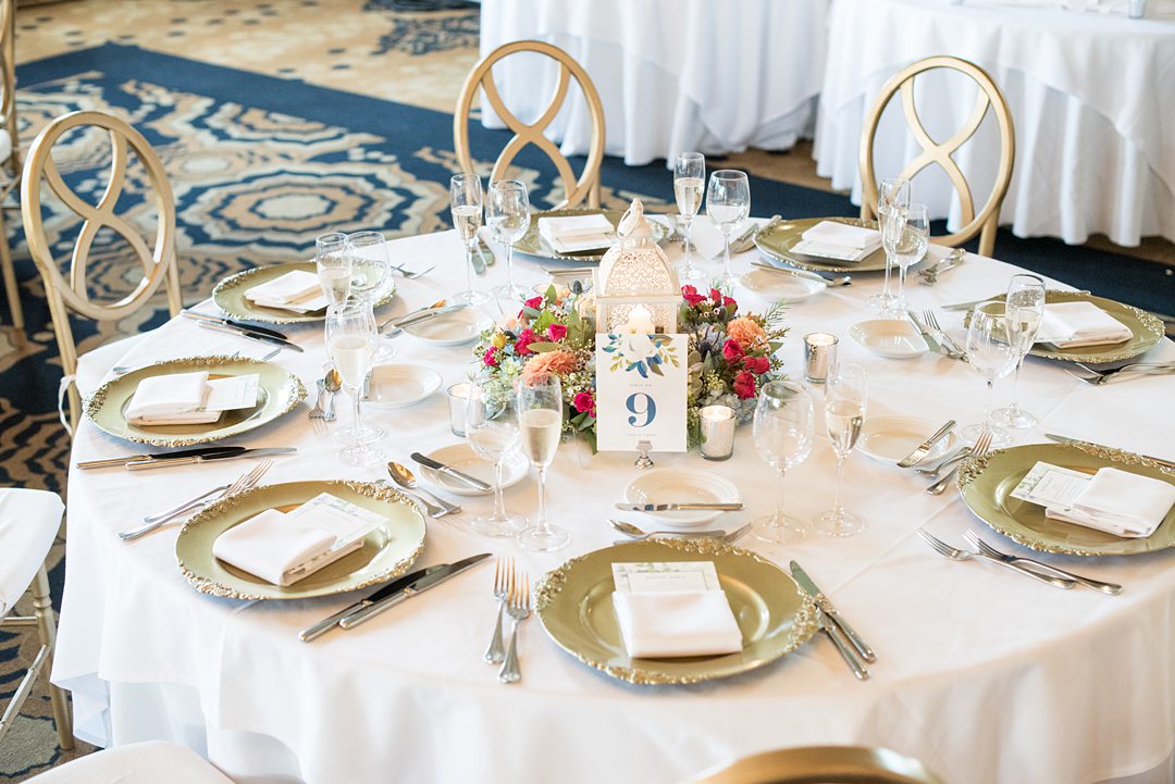 Photos at New Jersey wedding venue, Crystal Springs Resort, in Hamburg with an outdoor ceremony option and indoor reception, by Mikkel Paige Photography. The reception was filled with gold and blue detail, and table numbers to match their stationery suite. #mikkelpaige #CrystalSprings #NJweddingvenues #NewJerseyWedding #NJweddingphotographer #fallwedding #septemberwedding #weddingreception