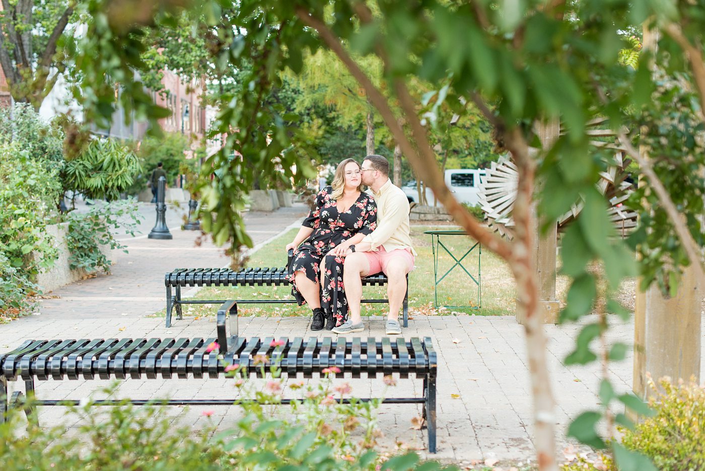 Durham North Carolina wedding photographer, Mikkel Paige Photography, captures engagement-like photos for a couple in the downtown area of this NC city for a two year anniversary couples session with Nikki and her husband, Jason, of Fancy This Photography. #mikkelpaige #DurhamEngagementPhotos #durhamphotographysession #DowntownDurham #DurhamWeddingPhotographer