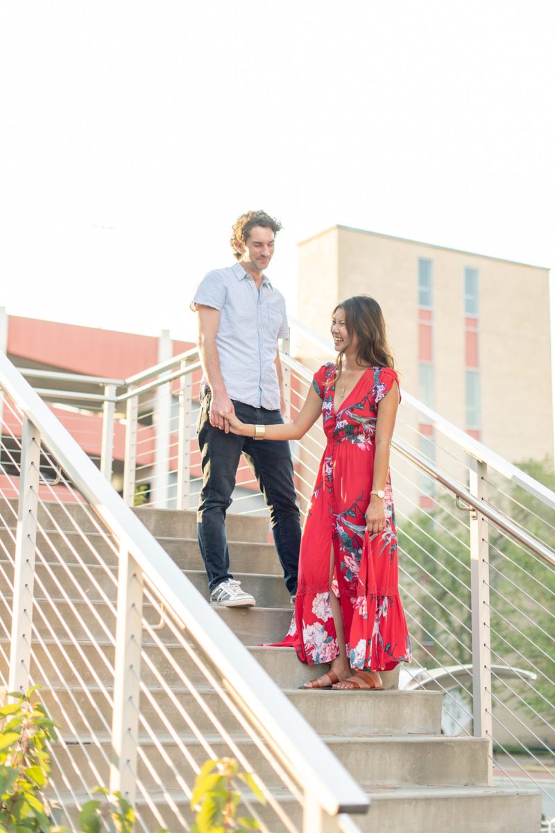 Durham North Carolina wedding photographer, Mikkel Paige Photography, captures engagement photos for a couple in the downtown area of the NC city. #mikkelpaige #DurhamEngagementPhotos #DowntownDurham #DurhamWeddingPhotographer