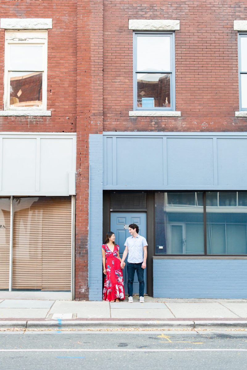 Durham North Carolina wedding photographer, Mikkel Paige Photography, captures engagement photos for a couple in the downtown area of the NC city. #mikkelpaige #DurhamEngagementPhotos #DowntownDurham #DurhamWeddingPhotographer