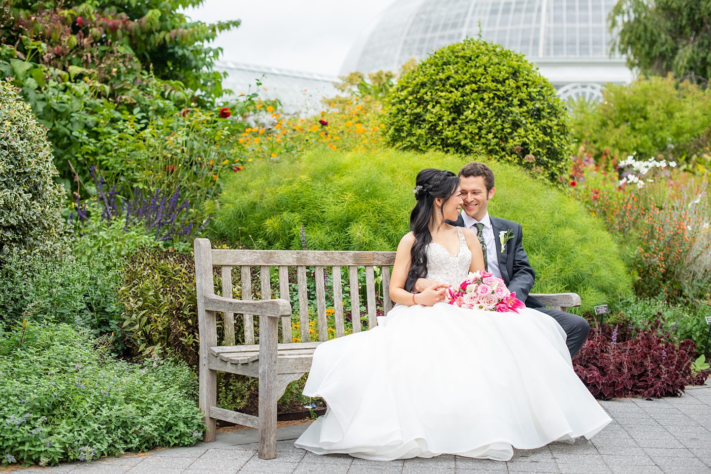 NYC wedding photos just outside Manhattan at New York Botanical Garden in the Bronx. This beautiful venue is great for an outdoor ceremony and indoor reception. Pictures by Mikkel Paige Photography. #NYCweddingvenue #NYCwedding #BronxBotanicalGarden #NYBotanicalGarden #mikkelpaige