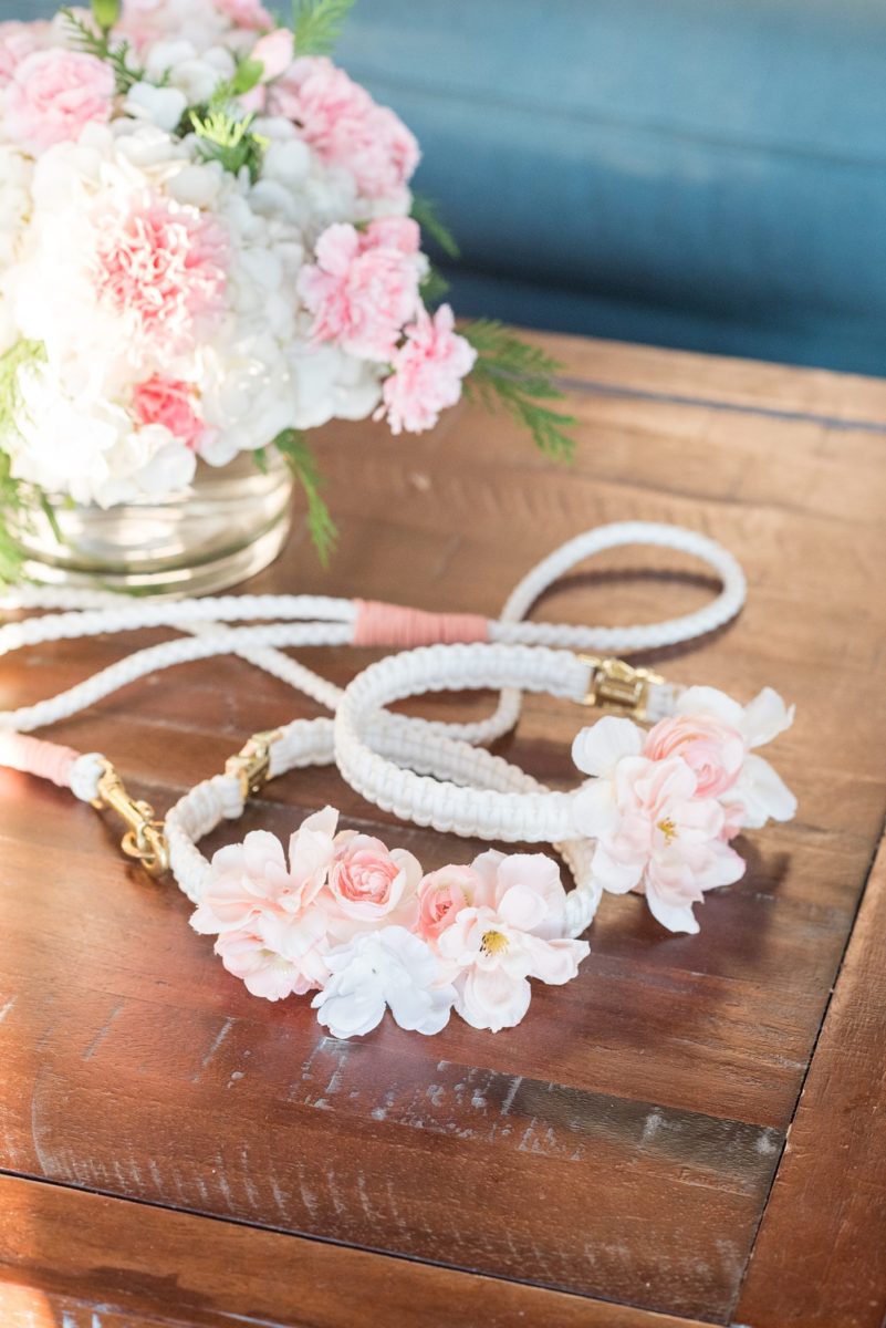 Detail picture of the pretty leash and collar for the bride and groom's wedding that they brought their two dogs to. Their Saratoga Springs destination wedding photos in upstate New York are by Mikkel Paige Photography, NY wedding photographer. #mikkelpaige #saratogaspringswedding #destinationwedding #weddingdogs #dogleash #dogcollar