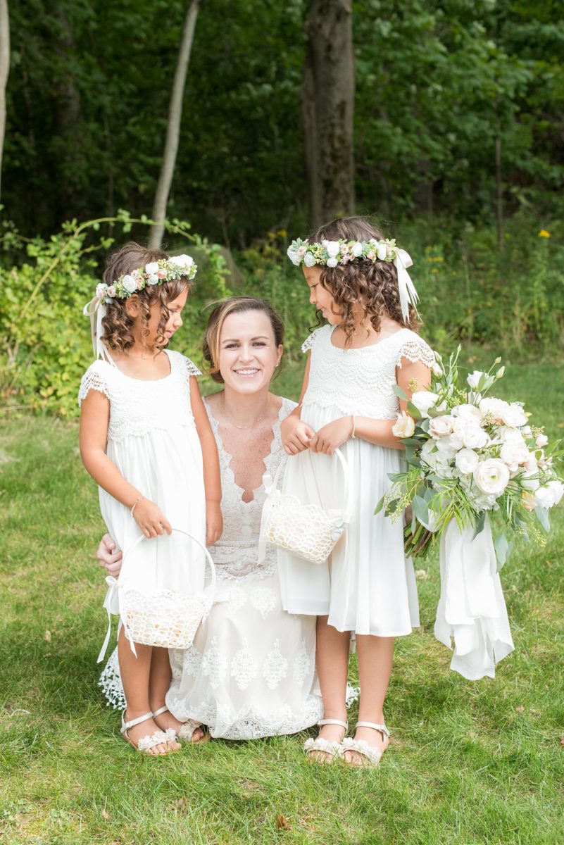 Saratoga Springs destination wedding photos in upstate New York by Mikkel Paige Photography, NY wedding photographer. The bride asked her nieces to be the two flowers girls. #mikkelpaige #saratogaspringswedding #destinationwedding #lakefrontwedding #lakewedding #flowergirls
