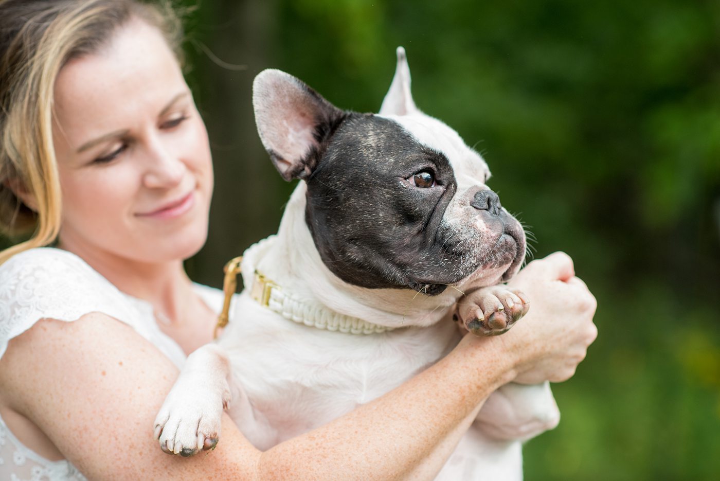 Saratoga Springs destination wedding photos in upstate New York by Mikkel Paige Photography, NY wedding photographer. The bride wore a boho lace gown for an intimate wedding at a home and had her terrior dog by her side. #mikkelpaige #saratogaspringswedding #destinationwedding #weddingdog