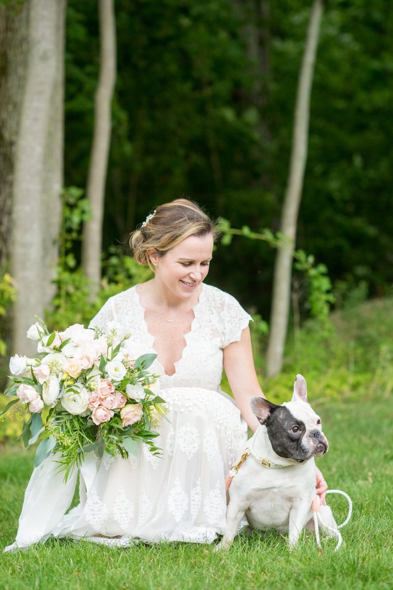 Saratoga Springs destination wedding photos in upstate New York by Mikkel Paige Photography, NY wedding photographer. The bride wore a boho lace gown for an intimate wedding at a home and had her terrior dog by her side. #mikkelpaige #saratogaspringswedding #destinationwedding #weddingdog