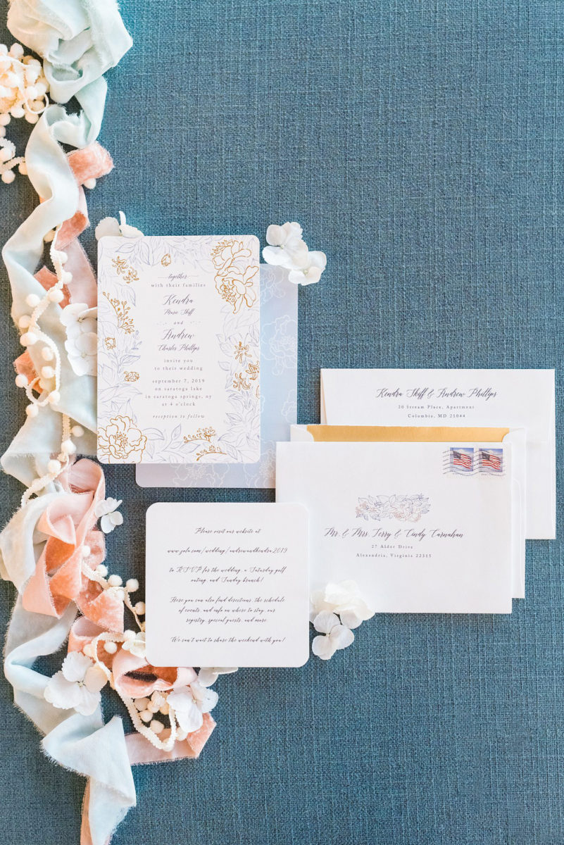 Detail picture of the wedding invitations for an intimate at-home wedding in Saratoga Springs. The destination wedding photos in upstate New York are by Mikkel Paige Photography, NY wedding photographer. #mikkelpaige #saratogaspringswedding #destinationwedding #intimatewedding #weddinginvitation
