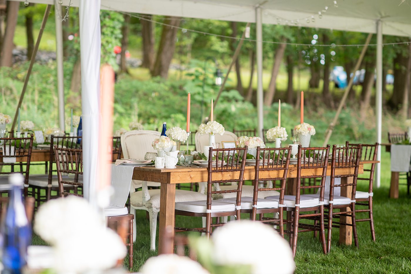 Saratoga Springs destination wedding photos in upstate New York by Mikkel Paige Photography, NY wedding photographer. The bride and groom tented a lawn for their reception. They had wood Chiavari chairs, milk glass and vintage salt and pepper shakers on each table. The table numbers were destinations the couple had been. #mikkelpaige #saratogaspringswedding #destinationwedding #lakefrontwedding #waterfrontwedding #lakewedding #tablenumbers #weddingreception #intimatewedding