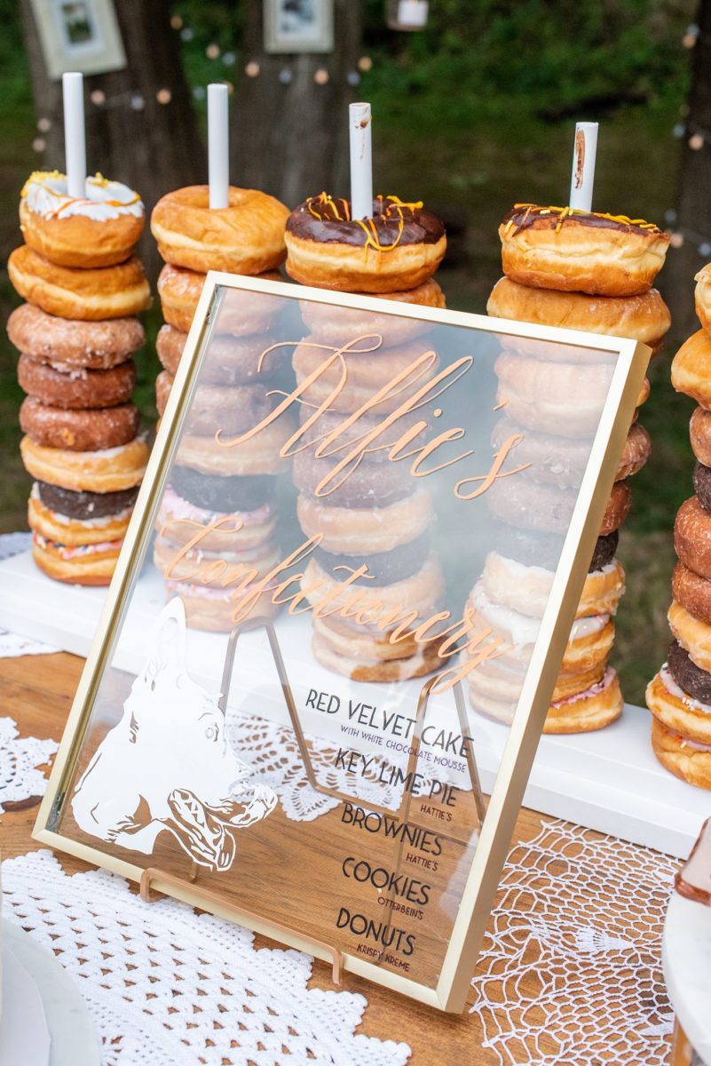 Saratoga Springs destination wedding photos in upstate New York by Mikkel Paige Photography, NY wedding photographer. The bride and groom had custom signage with their dogs on the bar and dessert signs and a welcome wedding sign. #mikkelpaige #saratogaspringswedding #destinationwedding #customsignage