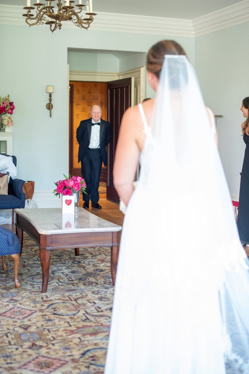 Photos by Mikkel Paige Photography at Waveny House wedding venue in New Canaan, Connecticut. This beautiful venue has an outdoor garden for the ceremony and indoor historic home for the reception. The bride got ready in the main house with her mother and bridesmaids, then had a special first look with her father. #mikkelpaige #wavenyhouse #wavenyhousewedding #connecticutweddingvenue #connecticutweddingphotographer #fatherofthebride