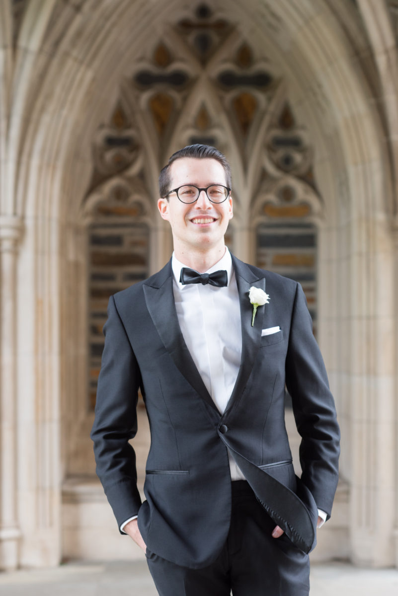 Wedding photographer Mikkel Paige Photography captures a ceremony at Duke Chapel and reception at The Rickhouse, a beautiful downtown venue in Durham, North Carolina. The groom and groomsmen wore classic black tuxedos. #durhamweddingphotographer #DukeChapelWedding #DurhamWeddingNorthCarolina #DurhamWeddingPhotographer #MikkelPaige #groomstyle #groomsmen