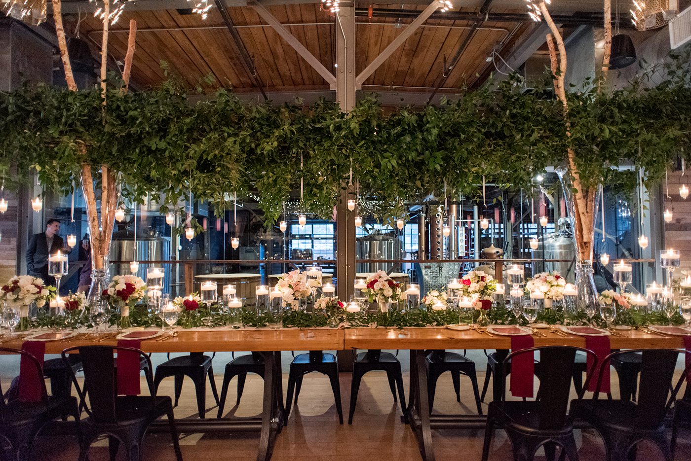 Wedding photographer Mikkel Paige Photography captures a ceremony at Duke Chapel and reception at The Rickhouse, a beautiful downtown Durham, North Carolina. The venue was filled with candlelight and greenery for a maroon and gold color palette wedding. #DukeChapelWedding #DurhamWeddingNorthCarolina #DurhamWeddingPhotographer #MikkelPaige #maroonwedding #fallwedding