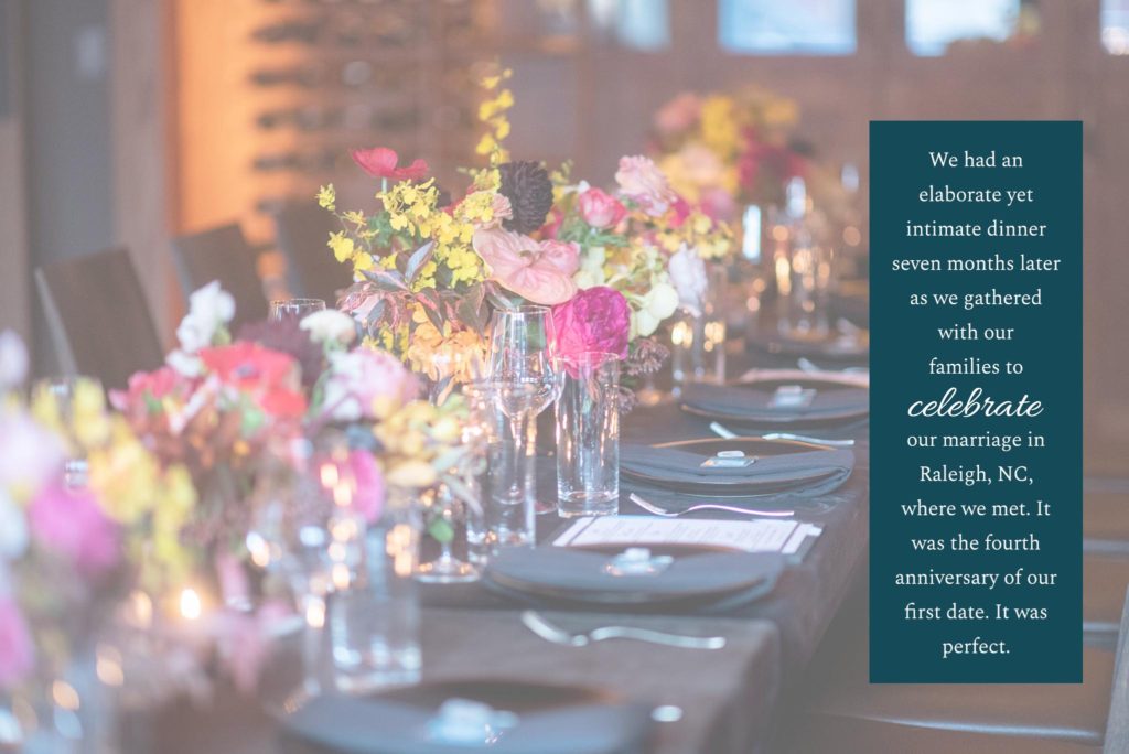 Luxury wedding reception at Oak Steakhouse in downtown Raleigh, photographed by Mikkel Paige Photography.