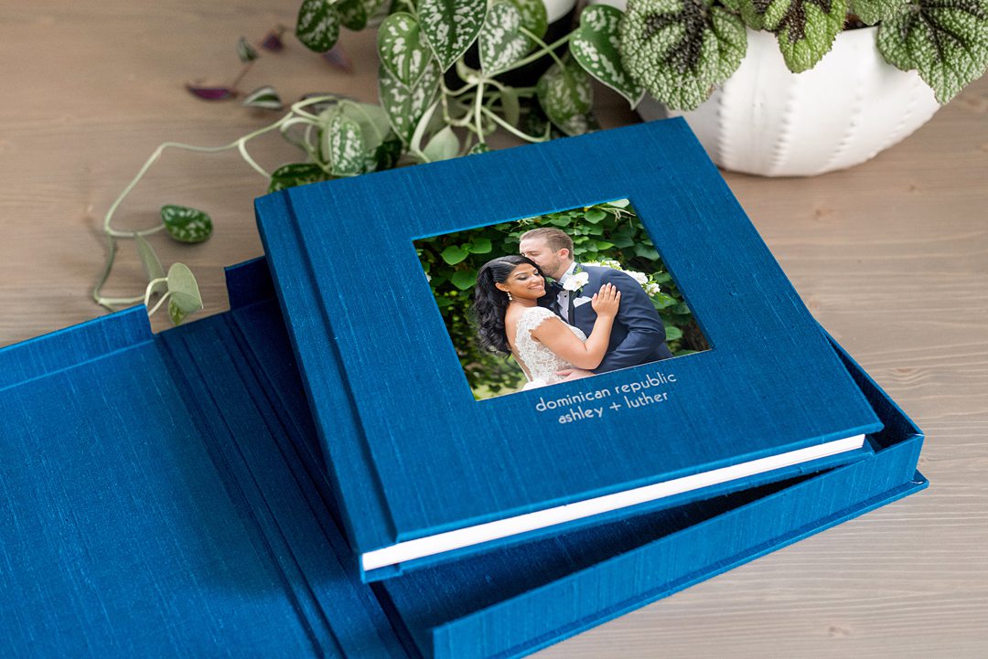 Linen fine art wedding album in blue green silk by Mikkel Paige Photography for a destination wedding at Casa de Campo in the Dominican Republic.