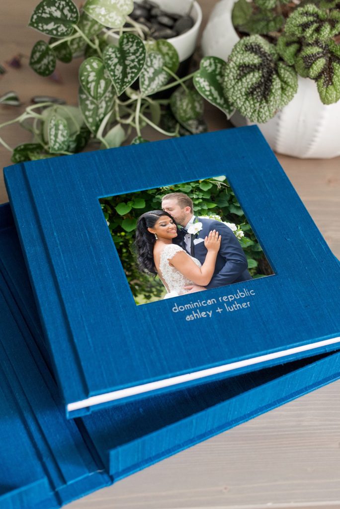 Linen fine art wedding album in blue green silk by Mikkel Paige Photography for a destination wedding at Casa de Campo in the Dominican Republic.