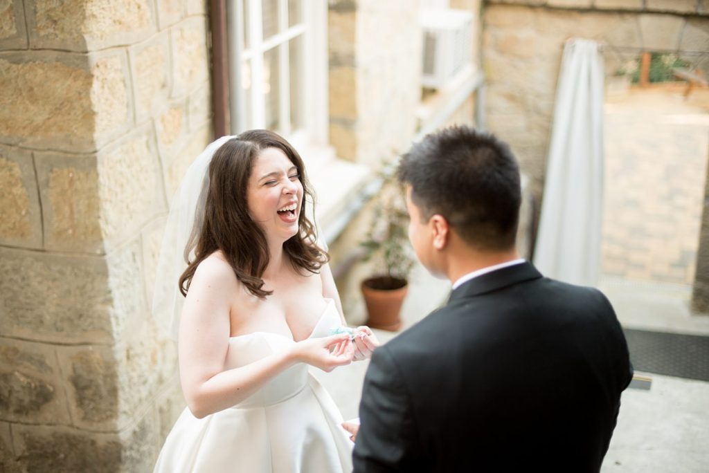 A destination wedding first look with the bride and groom at a California winery in Los Gatos called Testarossa. Photos by Mikkel Paige Photography.