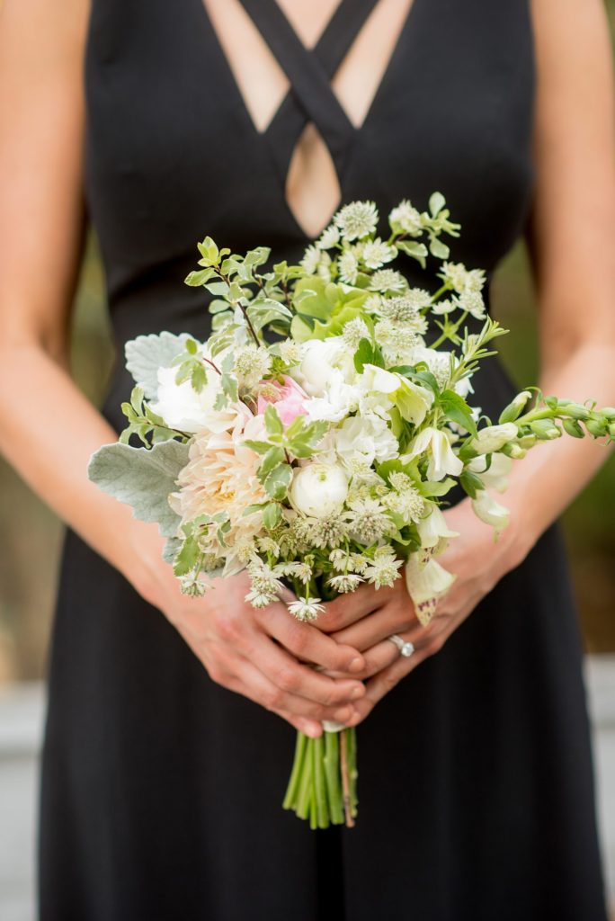 A destination wedding picture with the bridesmaid's pink and white bouquet at a California winery in Los Gatos called Testarossa. Photos by Mikkel Paige Photography.