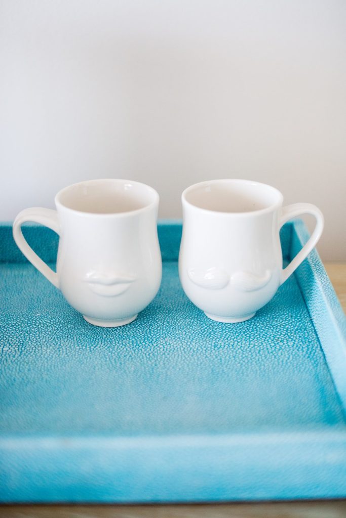 Eau Palm Beach Florida Destination Wedding photos by Mikkel Paige Photography. Jonathan Adler Mr. and Mrs. mugs were in each room.